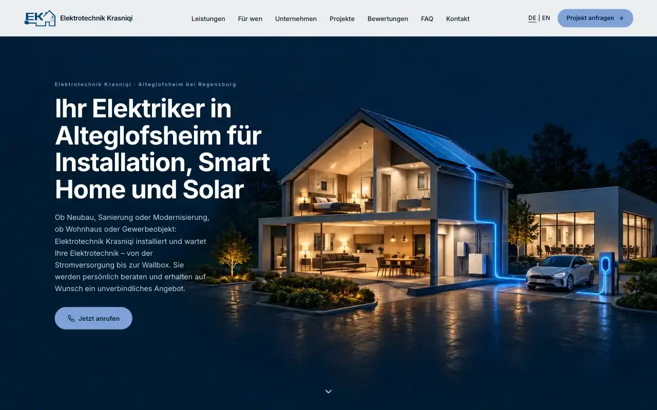 Elektrotechnik Krasniqi – new website, desktop view